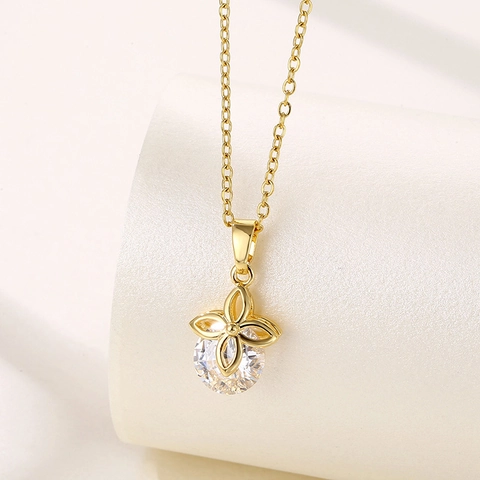 Edelstahl Kleeblatt Anhänger Halskette Zirkon Kristall Eingelegt Vergoldet Eleganter Schmuck Für Damen
