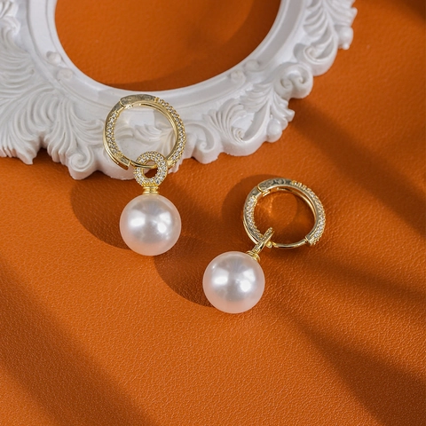 Elegant Copper Artificial Pearl Drop Earrings With 14K Gold Post Micro Pave Rhinestone Geometric Earrings For Women Jewelry