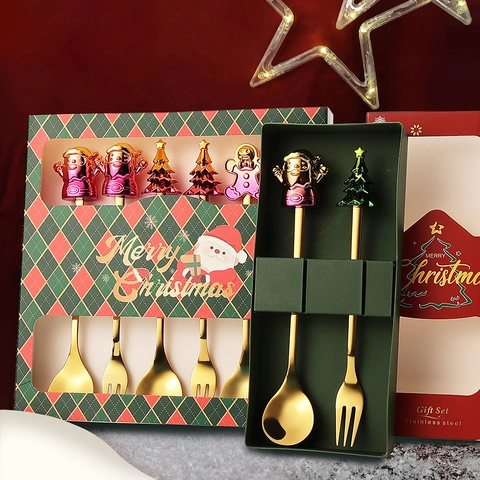 Cucharas Y Tenedores De Navidad Acero Inoxidable Dibujos Animados Papá Noel Reno Árbol Postre Café Agitar Vajilla Creativa
