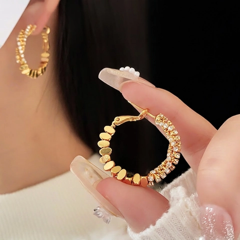 Boucles D'Oreilles Créoles Géométriques Cuivre Avec Zircon Design Métal Ovale Tige De Boucle D'Oreille En Argent