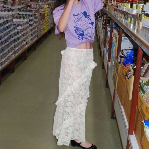 Women Sexy Lace Ruffle Maxi Skirt See Through Splicing Design Long Skirt For Party Vacation Summer Y2K Streetwear Clothing