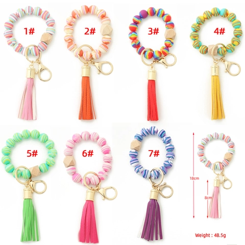 Silicone Wood Bead Tassel Keychain Bracelet For Women Colorful Striped Marble Pattern Bead Wristlet Zinc Alloy Lobster Clasp Keyring Accessory
