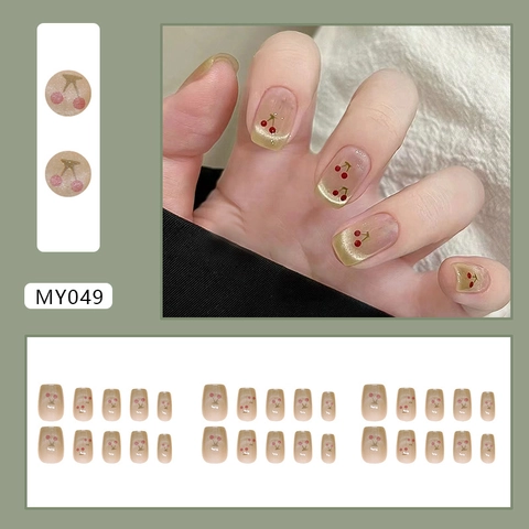 Unghie Finte Press On French Cat Eye Rimovibile Motivo Ciliegia Corto Quadrato Tondo Plastica Per Donne Stile Dolce
