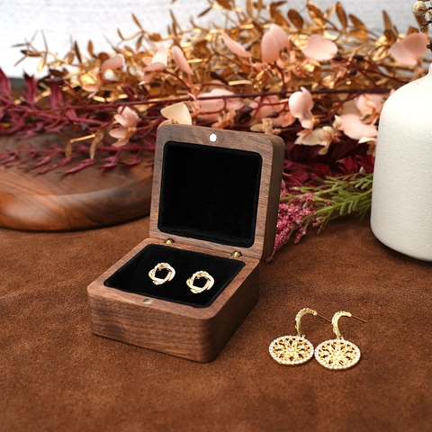 Walnut Wood Jewelry Box Square Earring Storage Case Velvet Lining Minimalist Gift Packaging Organizer