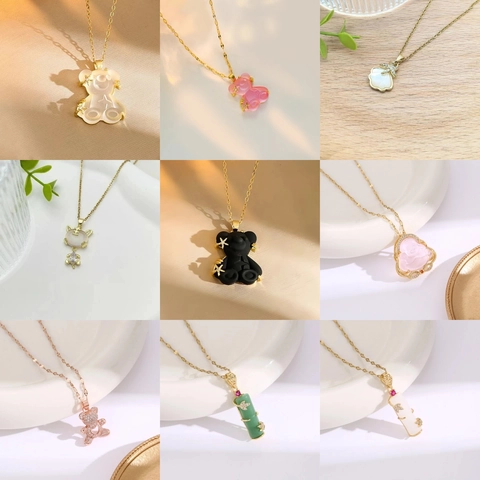 Stainless Steel Necklace With Resin Bear And Zircon Animal Pendant Fashion Jewelry For Women Daily Wear Lightweight