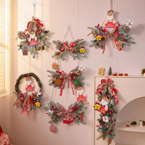 Guirlande Corona De Navidad Aguja De Pino Artificial Ratán Con Figura De Papá Noel Decoración Colgante De Pared