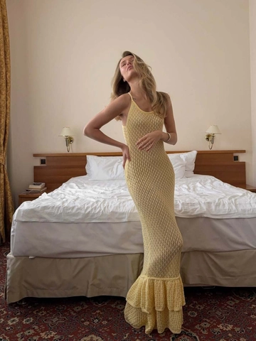 Crochet Maxi Kleid Damen V-Ausschnitt Ärmellos Gehäkelt Strick Strand Urlaub Boho Volant Saum Meerjungfrau Langes Kleid