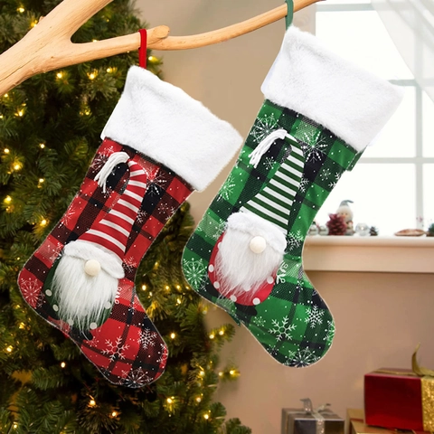 Christmas Stocking Gift Bag Polyester Buffalo Plaid With 3D Gnome Faceless Doll Hanging Decoration Plush Cuff Holiday