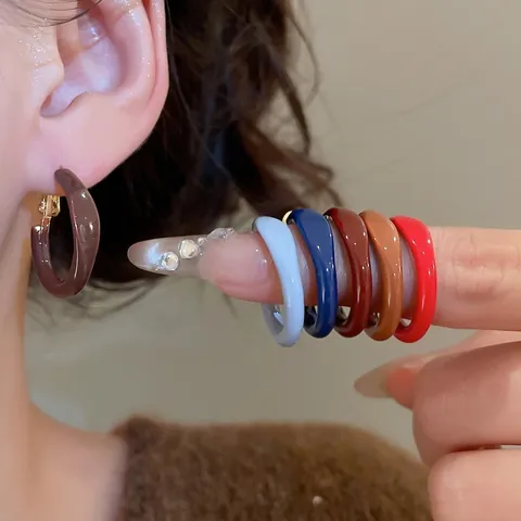 Enamel C-Shaped Hoop Earrings With 925 Sterling Silver Earring Post Retro Glossy Minimalist Alloy Jewelry For Women