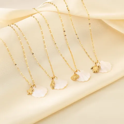 18K Gold Plated 316L Stainless Steel Ocean Pendant Necklace Mother Of Artificial Pearl Sea Turtle Starfish Conch For Women