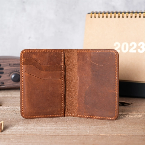 Genuine Crazy Horse Leather Card Holder Slim Vintage Folding Cowhide Wallet Unisex Retro Style Multi Slots