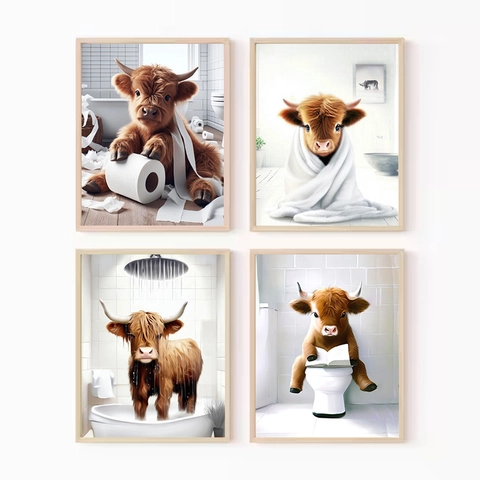 Funny Highland Cow Bathroom Wall Art Humorous Scottish Cow Canvas Painting Whimsical Animals Poster Home Decor
