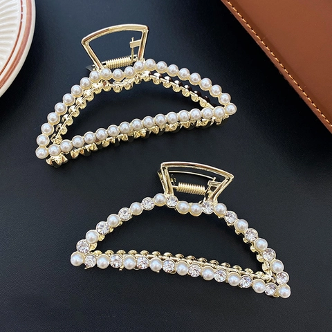 Large Hair Claw Clips Gold Alloy Shark Clip With Faux Artificial Pearls Rhinestones Geometric Hair Styling Accessories For Women