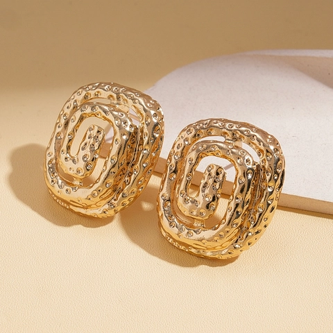 Vintage Geometric Spiral Square Alloy Stud Earrings With 925 Sterling Silver Earring Post Hammered Texture For Women