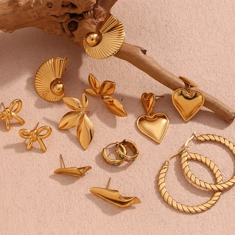 18K Gold Plated Stainless Steel Zirconia Heart Butterfly Leaf Fan Shaped Stud Earrings Set For Women Fashion Jewelry