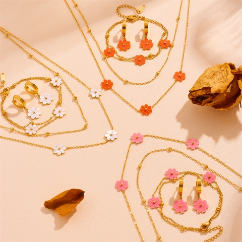 Flower Daisy Stainless Steel Double Layer Necklace Bracelet And Earrings Jewelry Collection For Women