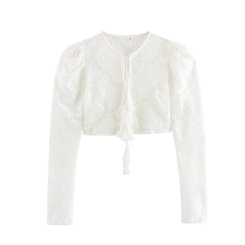 Dames Witte Kant Blouse Lange Pofmouwen Voorzijde Striken Kwastjes Opengewerkt Kort Zoete Top