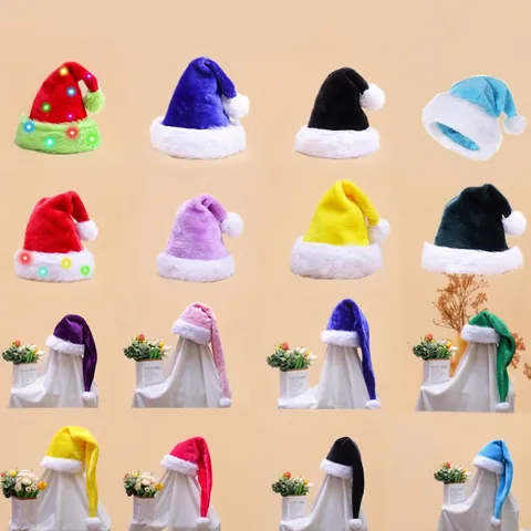 Plush Santa Hat And Scarf Colorful Soft Velvet Holiday Party Decoration Extra Long Cap Adults Kids Glow LED Style