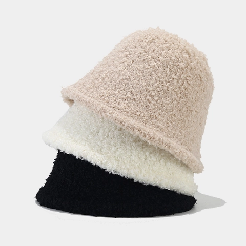 Bucket Hat Faux Lamb Wool Thick Warm Winter Windproof Solid Color Vintage Casual Fisherman Hat For Women