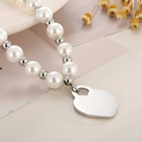 Collana Di Perline Con Pendente A Cuore Acciaio Inossidabile Perla Artificial Sintetica Elegante Stile Francese Gioielli