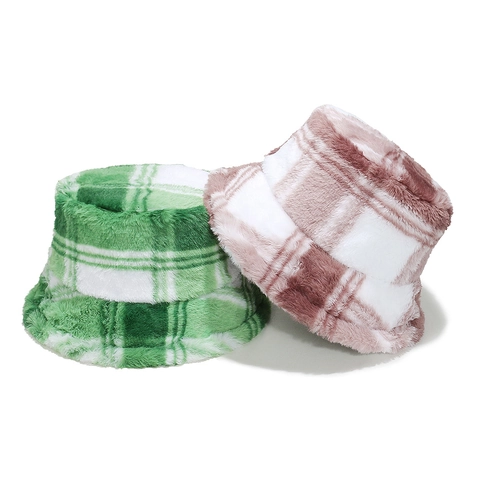 Winter Plaid Faux Fur Bucket Hat Warm Plush Checkered Retro Windproof Outdoor Accessory For Women