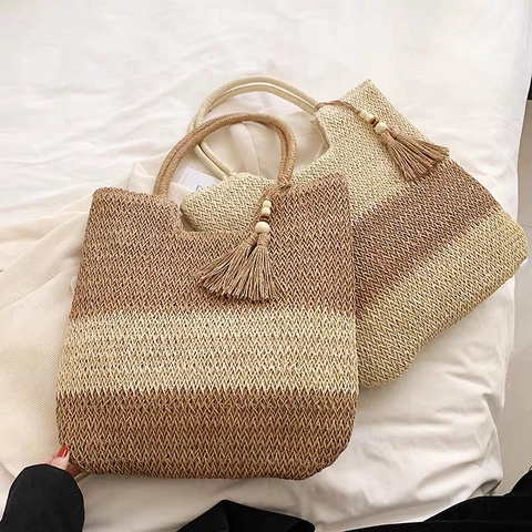 Borsa Tote In Paglia Intrecciata Di Grande Capacità Per Donna Estate Spiaggia Borsa A Tracolla Con Nappa Perlina Di Legno Stile Semplice