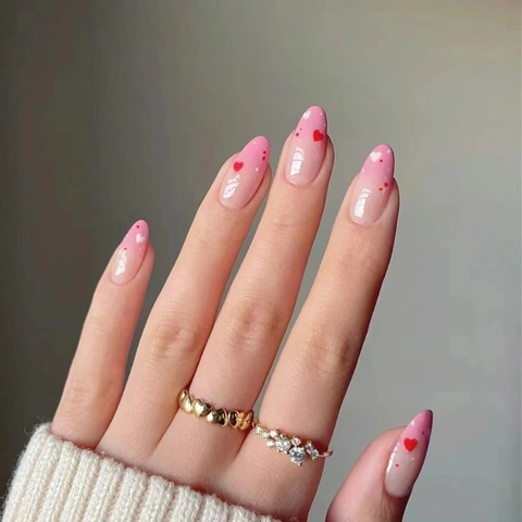 Uñas Postizas A Presión Degradado Rosa Corazón Rojo Forma Almendra Uñas Falsas Ovaladas Largas Moda Dulce Para Mujeres