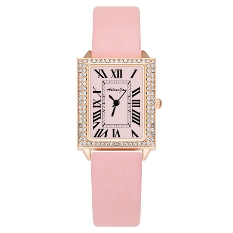 Women Quartz Watch Rectangular Rose Gold Alloy Case Rhinestone Bezel Faux Leather Strap Roman Numerals Elegant