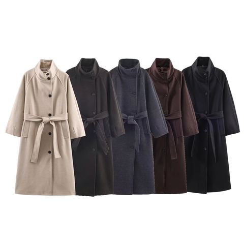 Women Long Woolen Coat Stand Collar Single Breasted Waist Tie Belt Solid Color Casual Outerwear