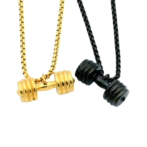 Fitness Dumbbell Pendant Necklace Stainless Steel Jewelry Gym Workout Accessory For Men Gold Black Dumbbell Charm Necklace