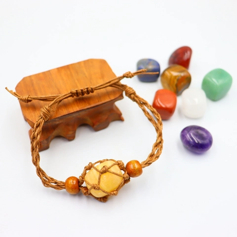 Cordón De Collar De Jaula De Red Tejido A Mano Soporte De Piedra Ajustable Pulsera Con Cuentas Madera Estilo Bohemio