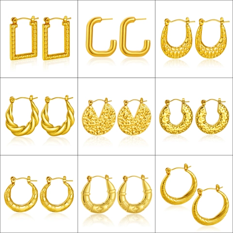 Vintage Gold Plated Stainless Steel Earrings For Women Geometric Textured Heart Hoop And Stud Jewelry Fashionable Accessory