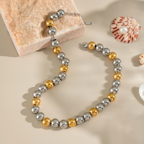 Collana Perline Rotonde Oro Argento Bicolore Acciaio Inossidabile Impermeabile Ipoallergenico Gioielli Moda Donna