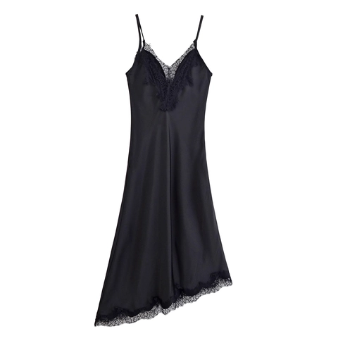 Satin Cami Kleid Spitze V-Ausschnitt Spaghettiträger Einfarbig Schwarz Sexy Elegantes Midi-Kleid Für Damen