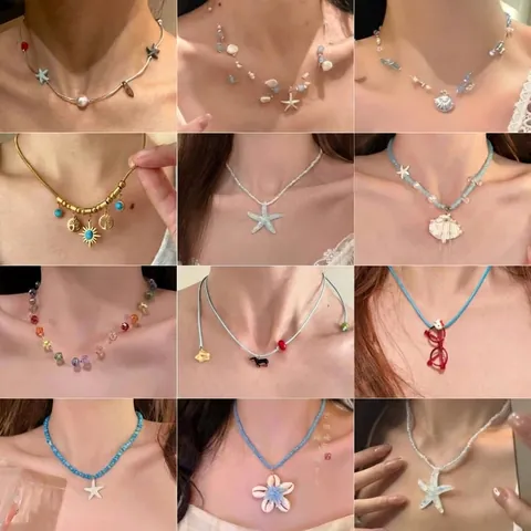 Collar Conchas Estrellas De Mar Perla Artificial Cuentas Coloridas Estilo Vacaciones Playa Joyería Hecha A Mano Mujeres