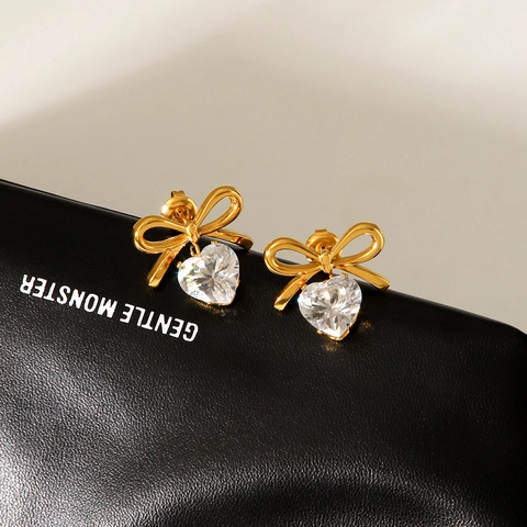 Bowknot Heart Drop Earrings Stainless Steel Gold Plated Cubic Zirconia Elegant Trendy Jewelry For Women Daily Wear