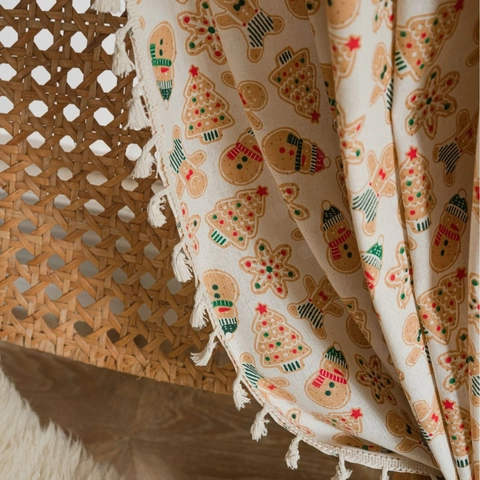 Christmas Gingerbread Man Cotton Linen Curtains Semi Blackout Tassel Partition Valance For Kitchen Living Room