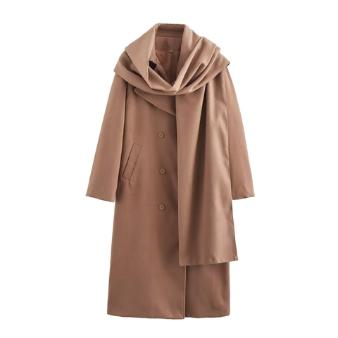 Women Long Woolen Coat With Matching Scarf Elegant Double Breasted Solid Color Lapel Warm Autumn Winter Outerwear