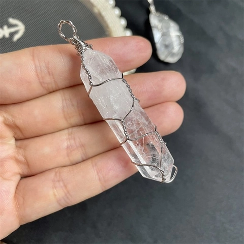 Natural Clear Quartz Hexagonal Point Pendant Handmade Silver Wire Wrapped Healing Crystal Stone Necklace Jewelry