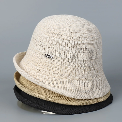 Chapeau Bob Femmes Style Japonais Tricot Crochet Respirant Protection Solaire Bord Roulé Ajouré Chapeau Cloche Minimaliste