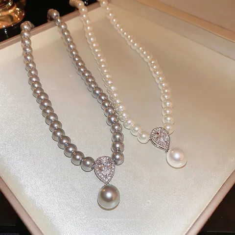 Collar De Perlas Artificiales Retro Francés Con Colgante De Circonita Gota Aleación Cobre Joyería Elegante Para Mujer