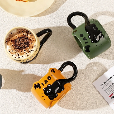 Cute Ceramic Mug 3D Relief Black Cat Design With Tail Handle Creative Coffee Milk Breakfast Cup Novelty Kawaii Drinkware