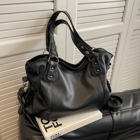 Große Damen Tragetasche PU Leder Retro Einfache Handtasche Mit Nietendekor Und Verstellbarem Schultergurt