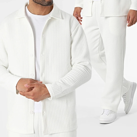 Men Waffle Knit Jacket And Pants Set Casual Lapel Long Sleeve Anti Wrinkle Fashion Outfits Stylish Versatile Loungewear