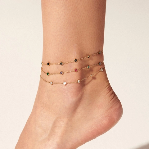 Stainless Steel Anklet Round Colorful Cubic Zirconia Bezel Set Minimalist Summer Beach Foot Jewelry For Women