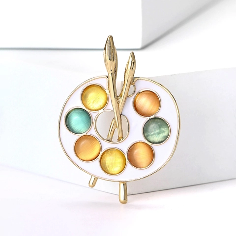 Alloy Enamel Palette Paintbrush Brooch Pin Colorful Cat Eye Stone Vintage Artist Style Women Fashion Jewelry