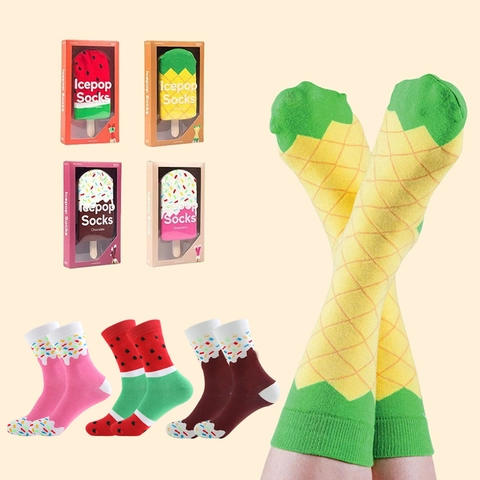 Funny Crew Socks Cotton Blend Breathable Fruit Ice Pop Cartoon Emoji Animal Patterns Trendy Fashion Unisex Mid Calf