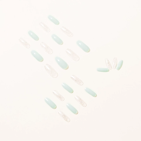 Ice Blue Glitter Gradient Press On Nails Long Coffin Ballerina Shape Glossy Artificial False Nails For Women