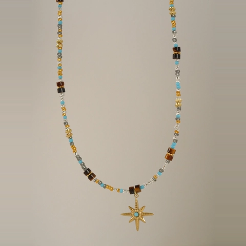 Sparkling Star Pendant Necklace Stainless Steel Multi Color Beaded Tiger Eye Crystal Stone Bohemian Vintage Jewelry For Women