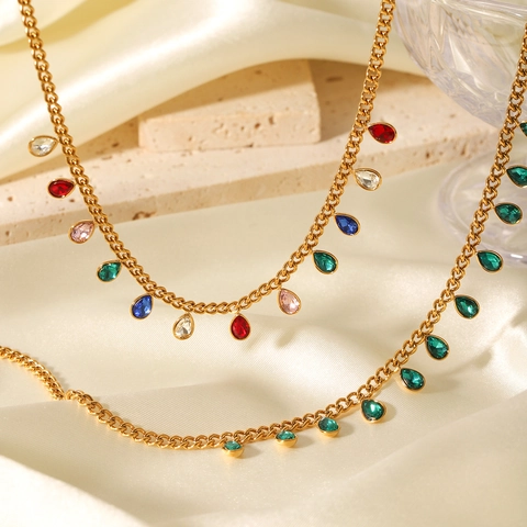 Stainless Steel Necklace With Colorful Zircon Water Drop Tassels Gold Plated Non-Fading Fashion Jewelry For Women